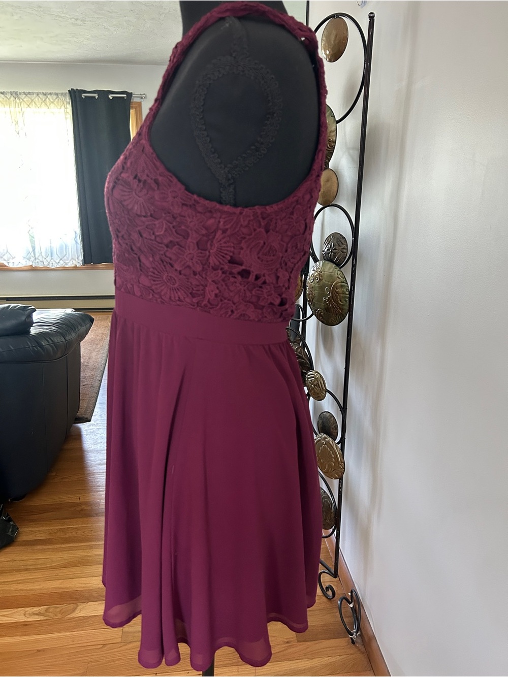 Lulu's Wine Burgundy Lace Halter Mini Dress - Picture 3 of 4